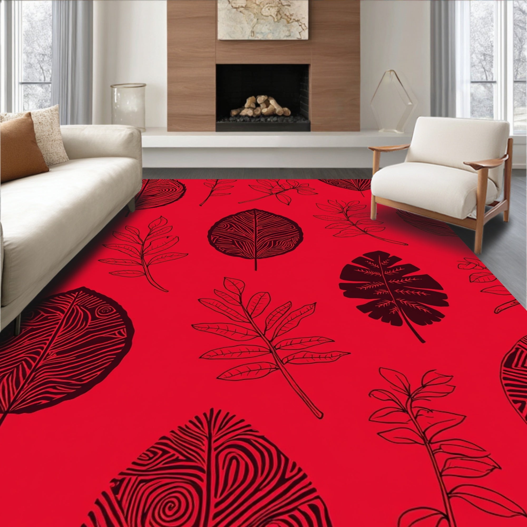 Bold Red Leaf Pattern Design Rug