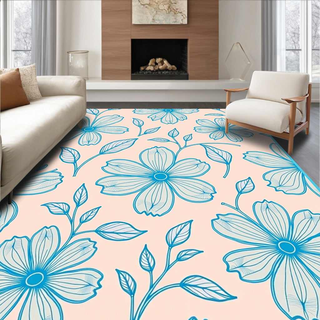Soft Blue Floral Outline Design Rug