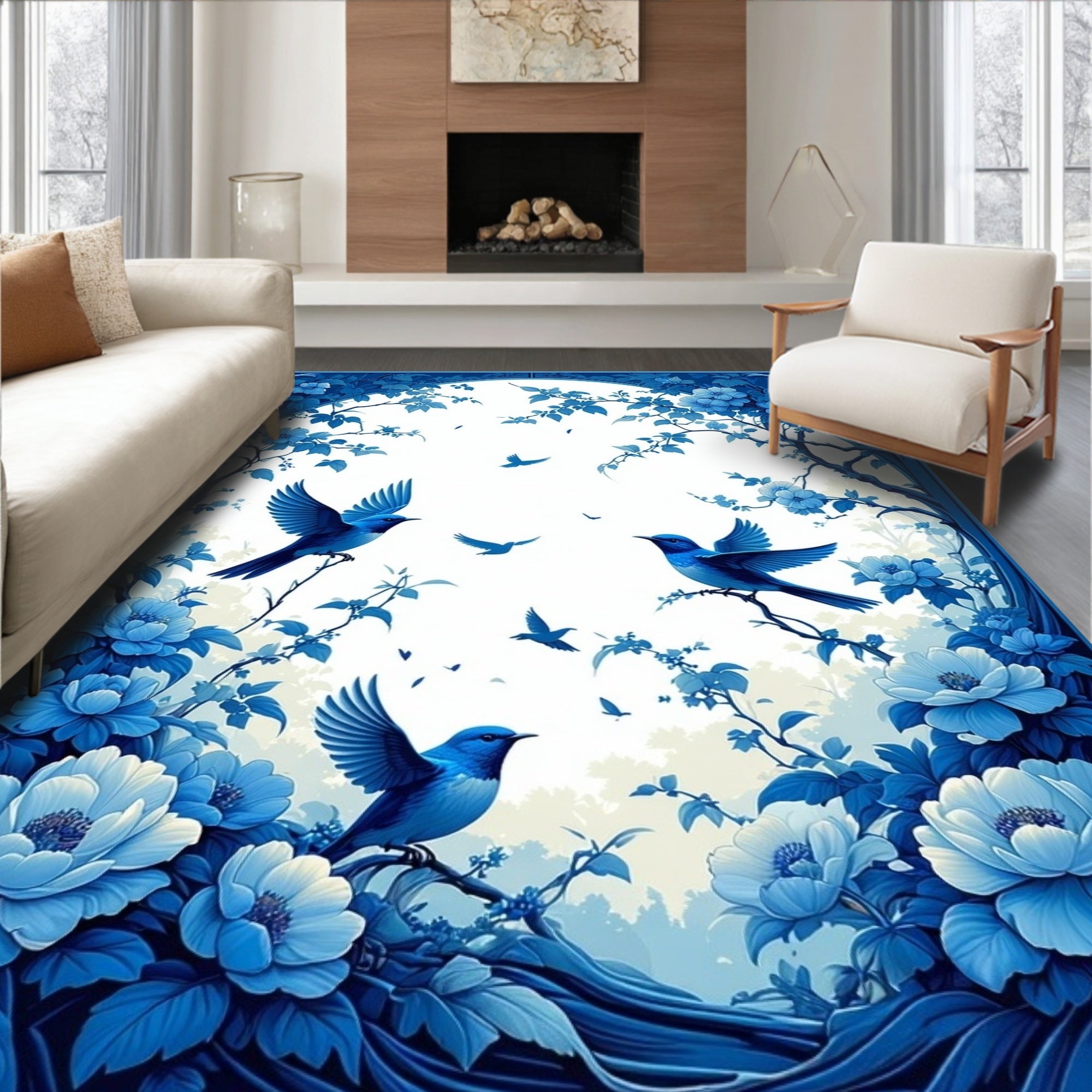 Bluebirds Peony Blossom Scenic Design Rug