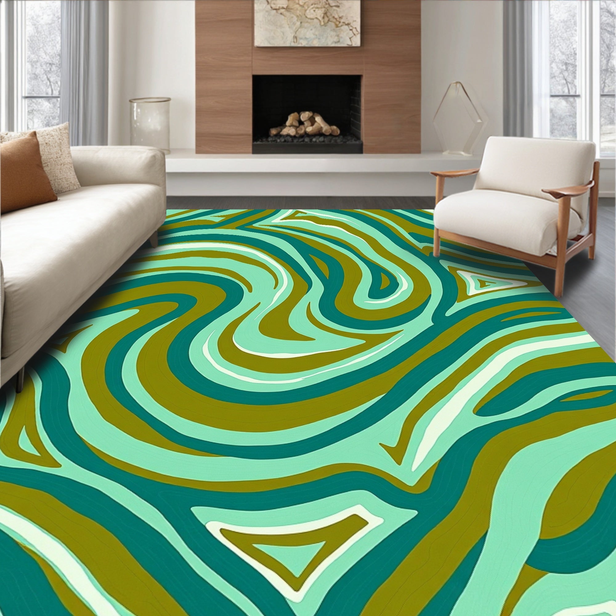 Aqua And Olive Swirling Lines Rug