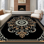 Ornate Black Cream Amber Floral Design Rug