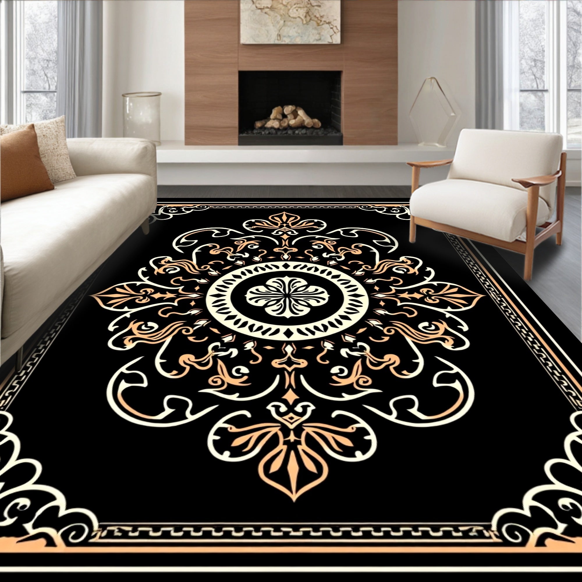 Ornate Black Cream Amber Floral Design Rug