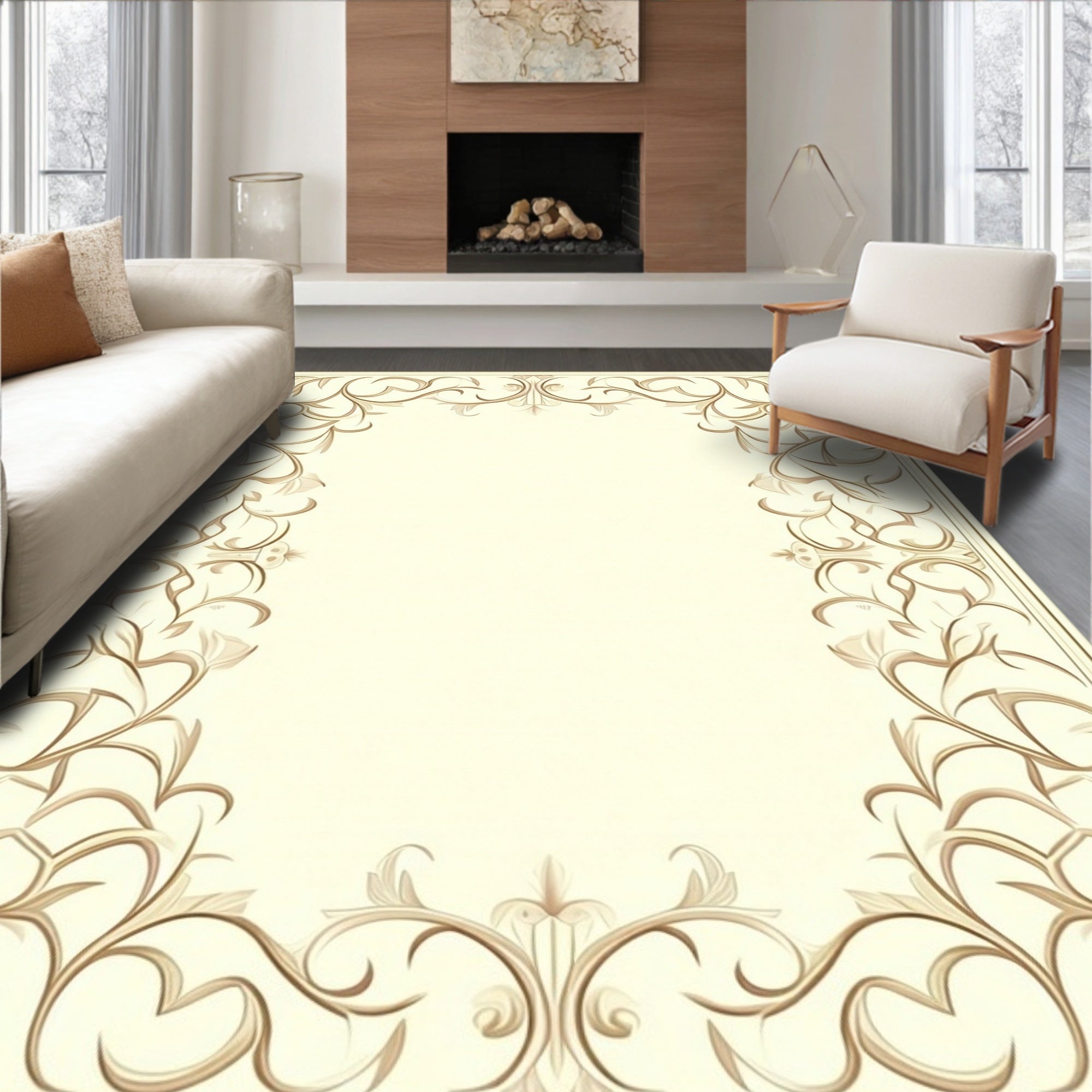 Ornate Beige Scrollwork Frame Design Rug