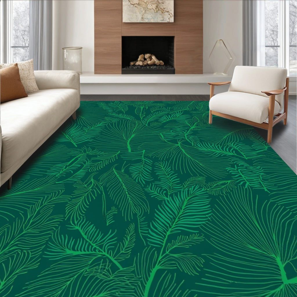 Dark Green Tropical Leaf Pattern Rug
