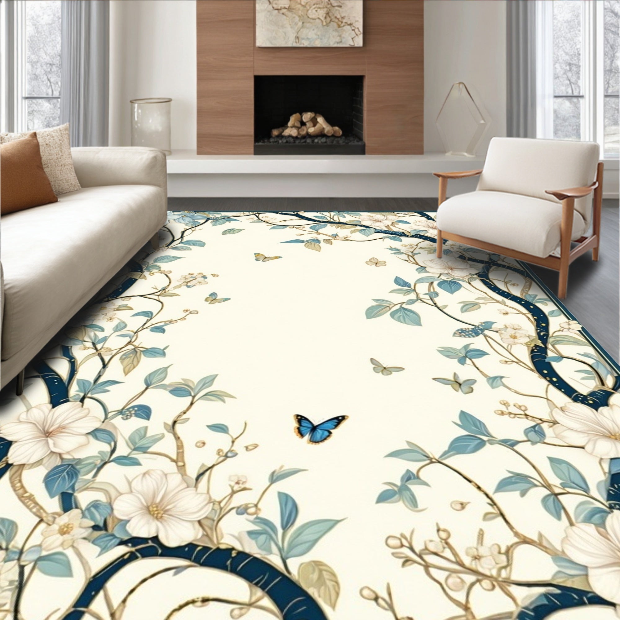 Botanical Garden Butterflies Delicate Floral Rug