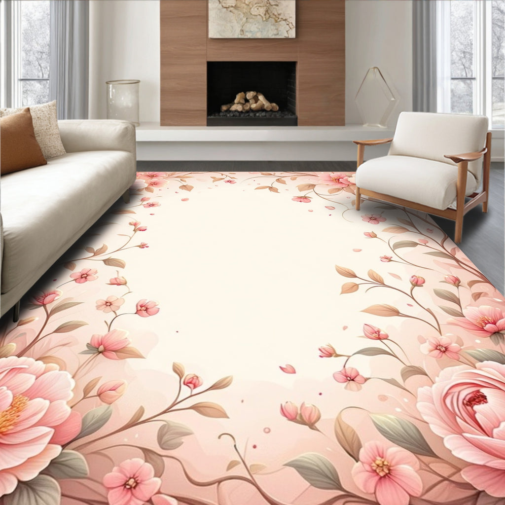 Soft Pink Floral Vine Design Rug