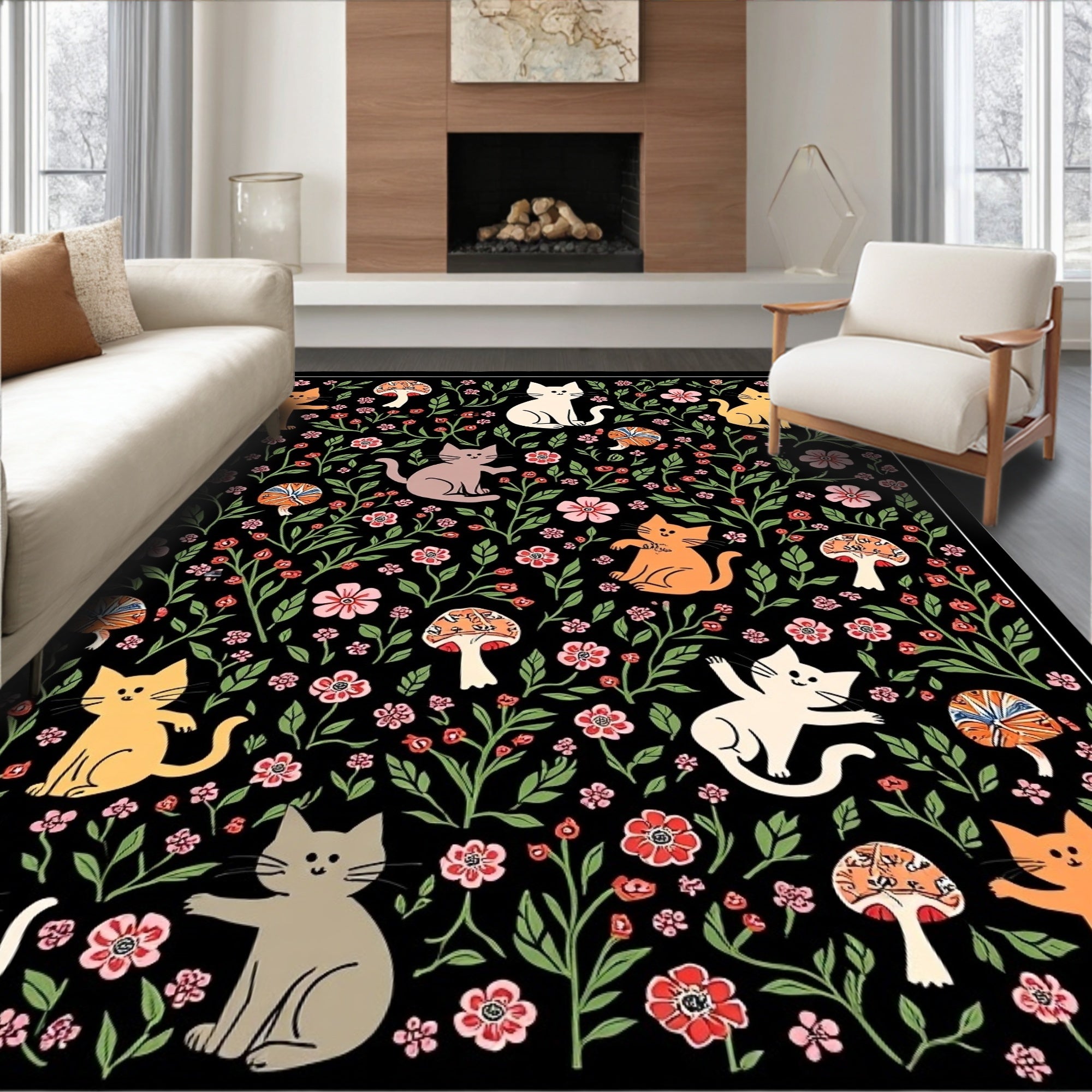 Whimsical Cat and Mushroom Garden Print Rug