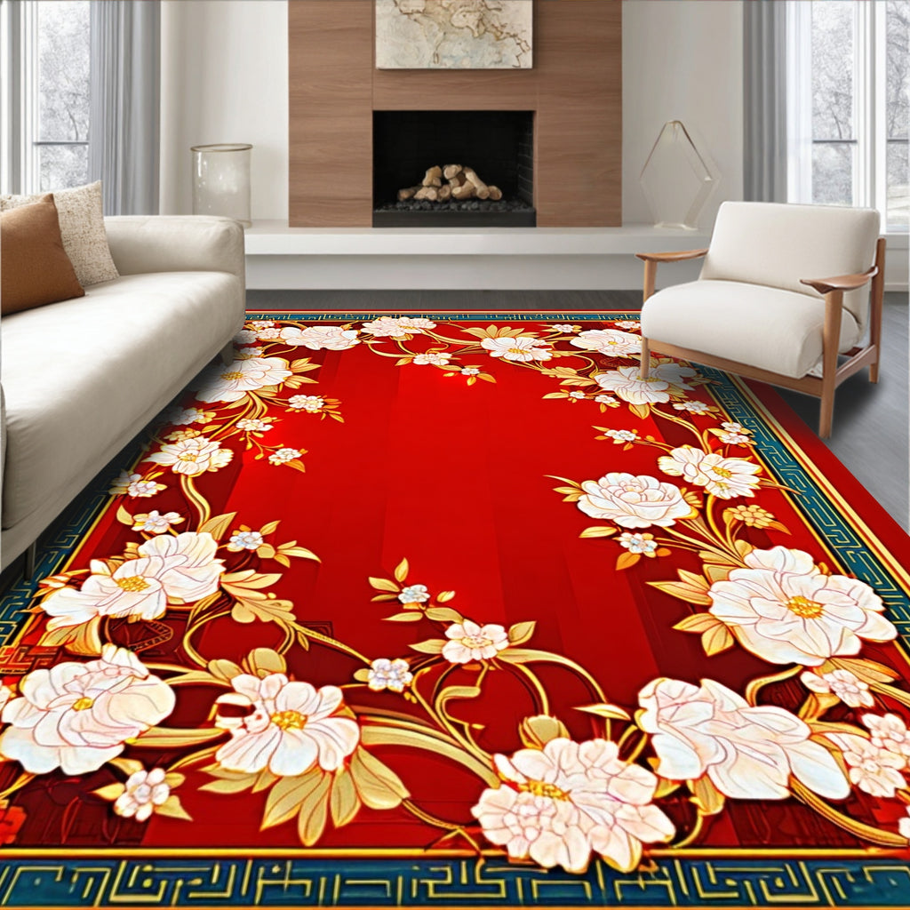 Rich Red Floral Scroll Frame Rug