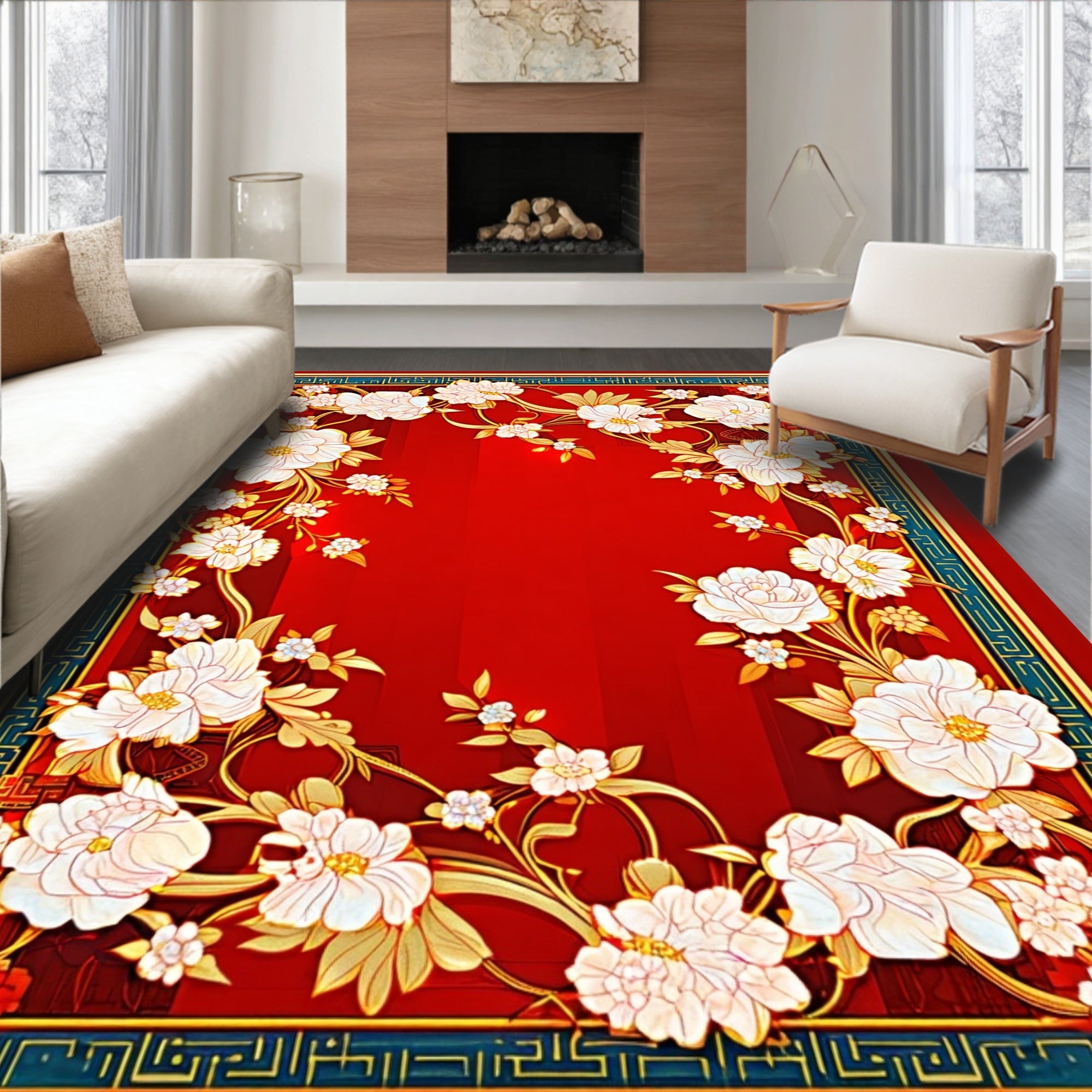 Rich Red Floral Scroll Frame Rug