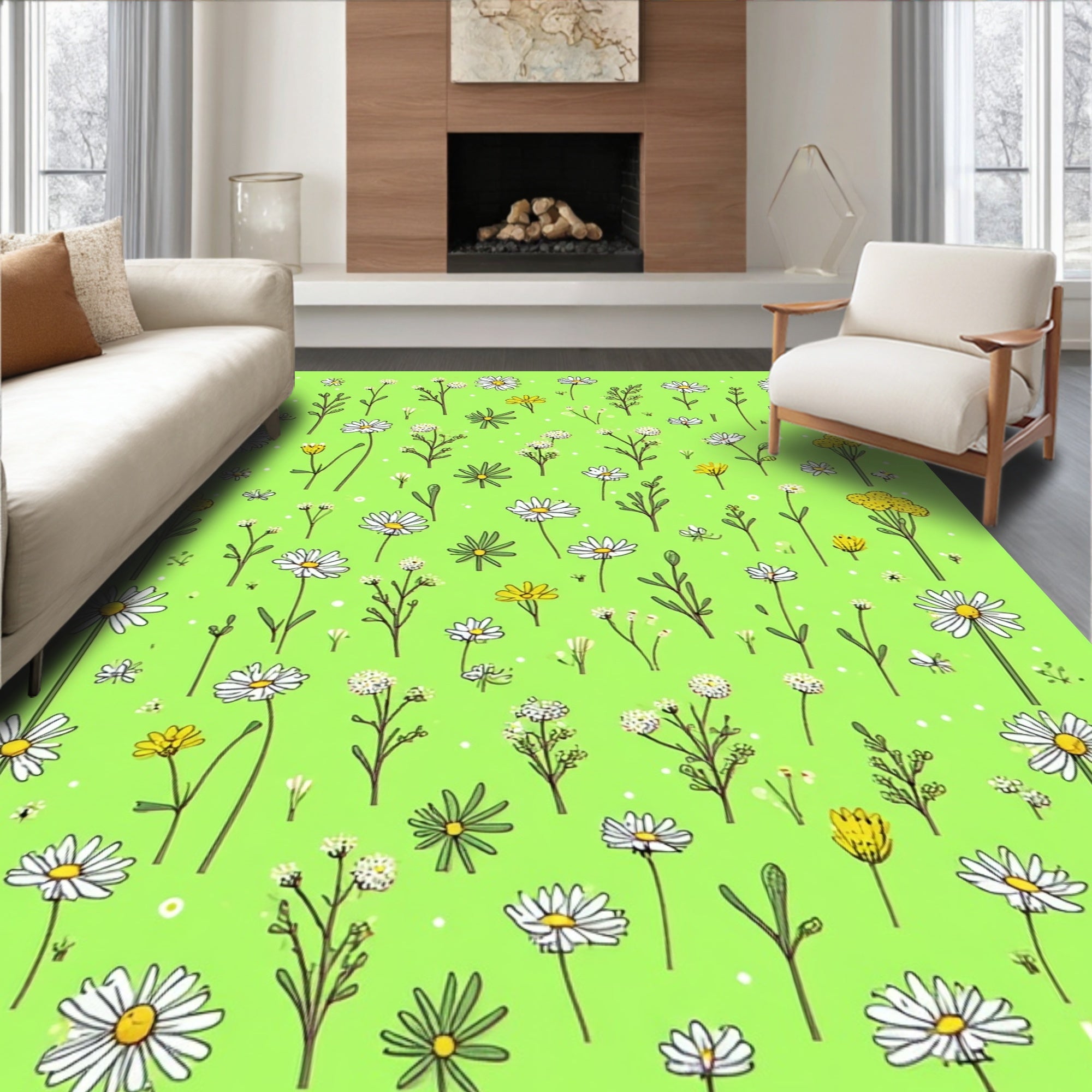 Whimsical Daisy Yellow Flower Pattern Rug