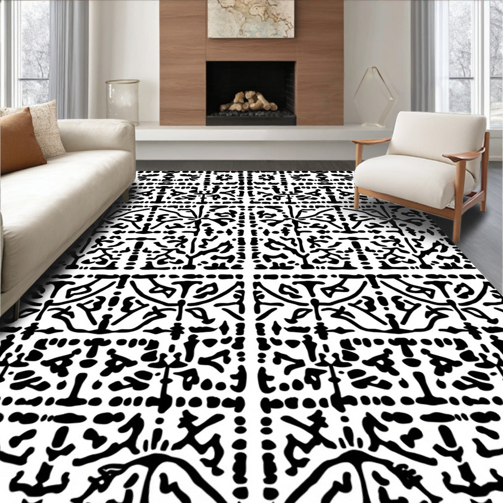 Black White Intricate Folk Pattern Rug