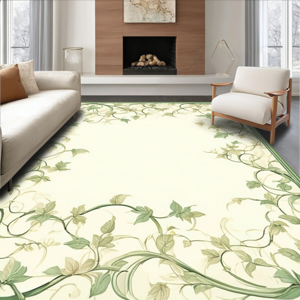 Vine Scroll Botanical Border Pattern Rug