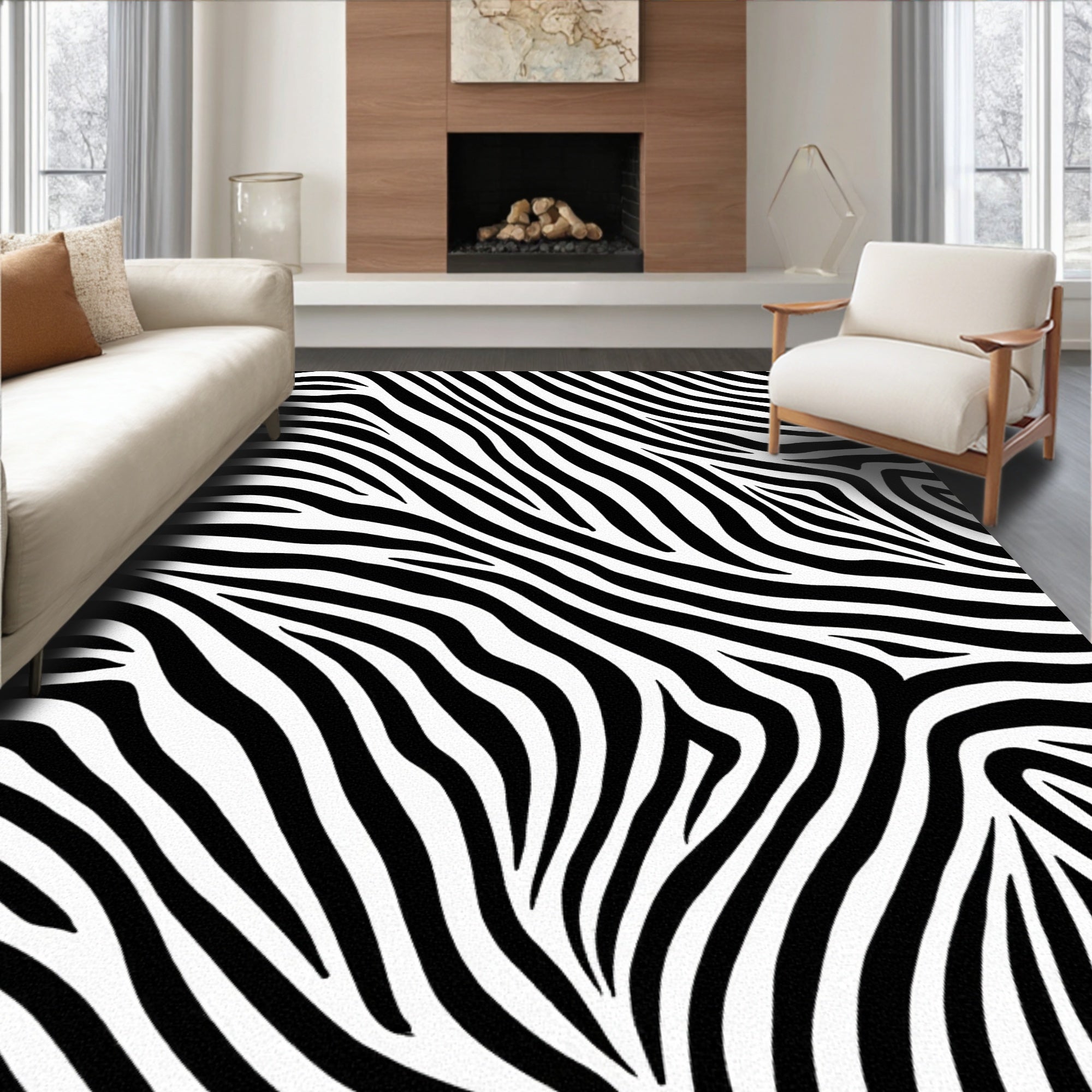 Bold Black White Zebra Stripe Design Rug