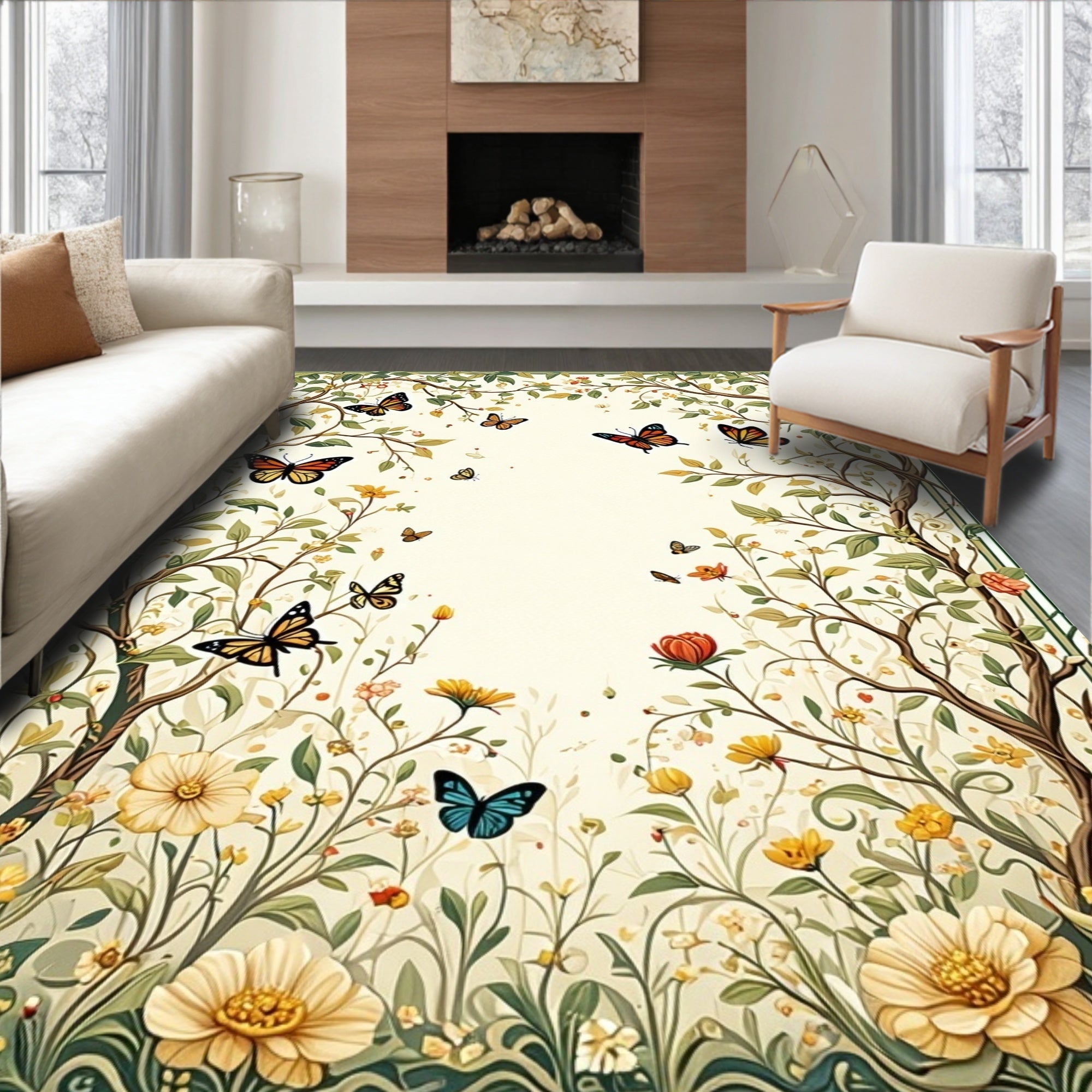 Whimsical Nature Butterfly Floral Pattern Rug