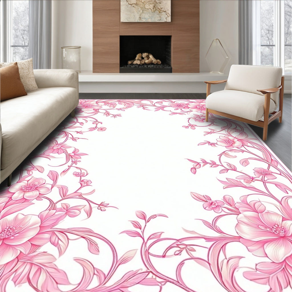 Delicate Pink Floral Vine Design Rug