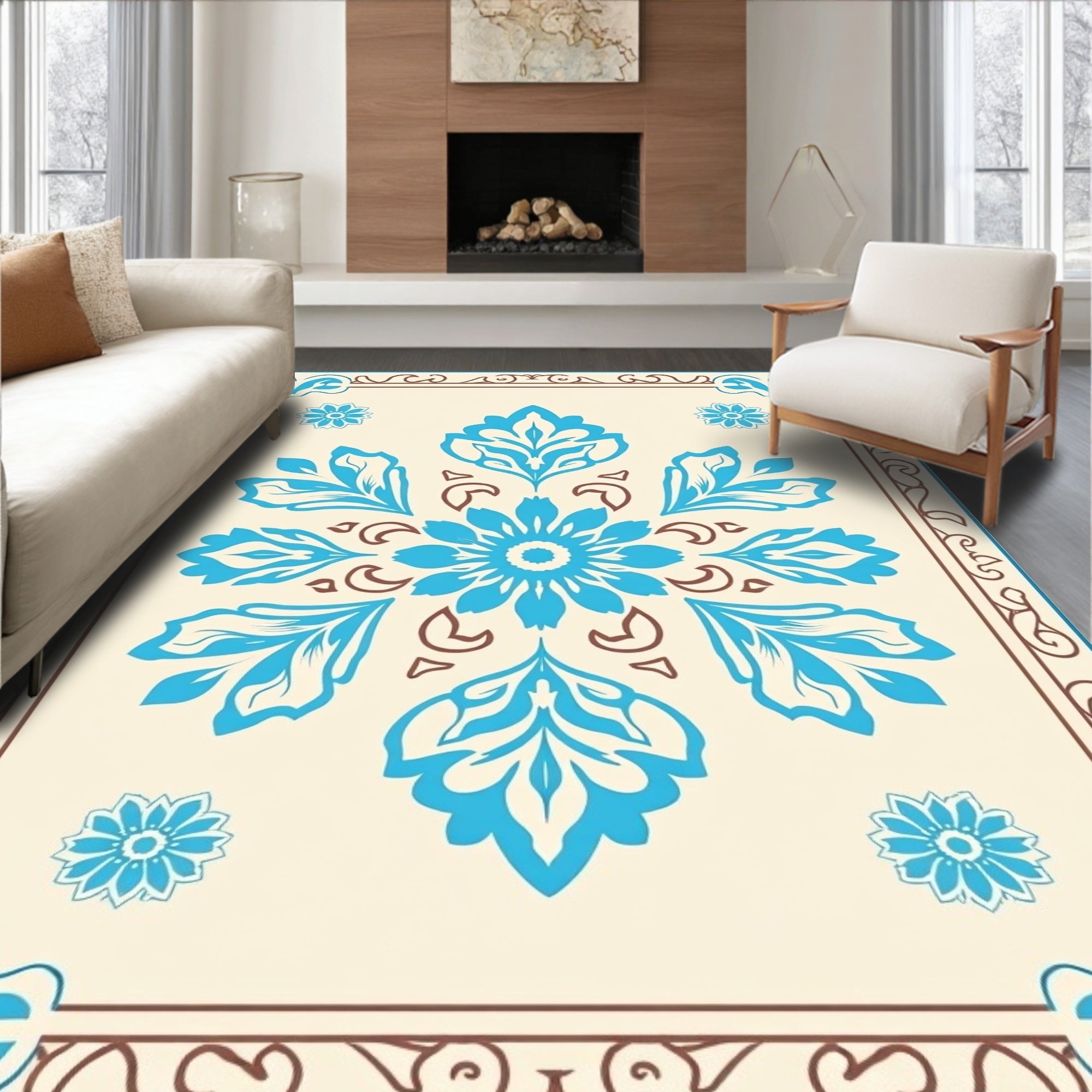 Azure Floral Mandala Pattern Rug