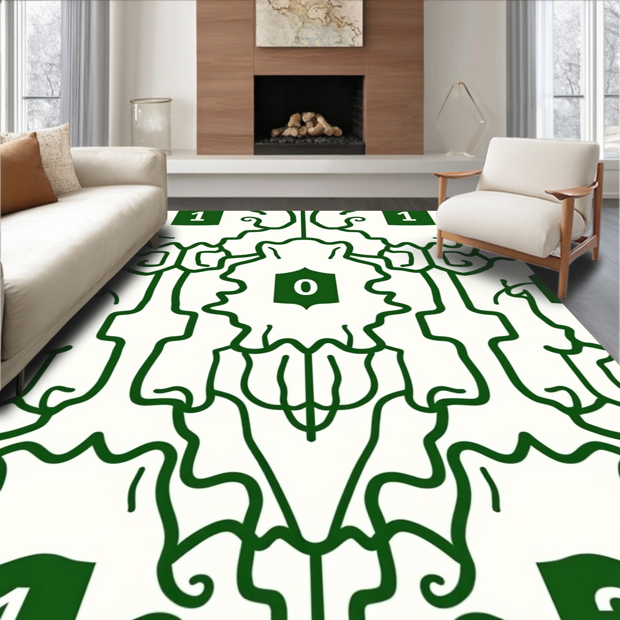 Bold Green White Abstract Motif Rug