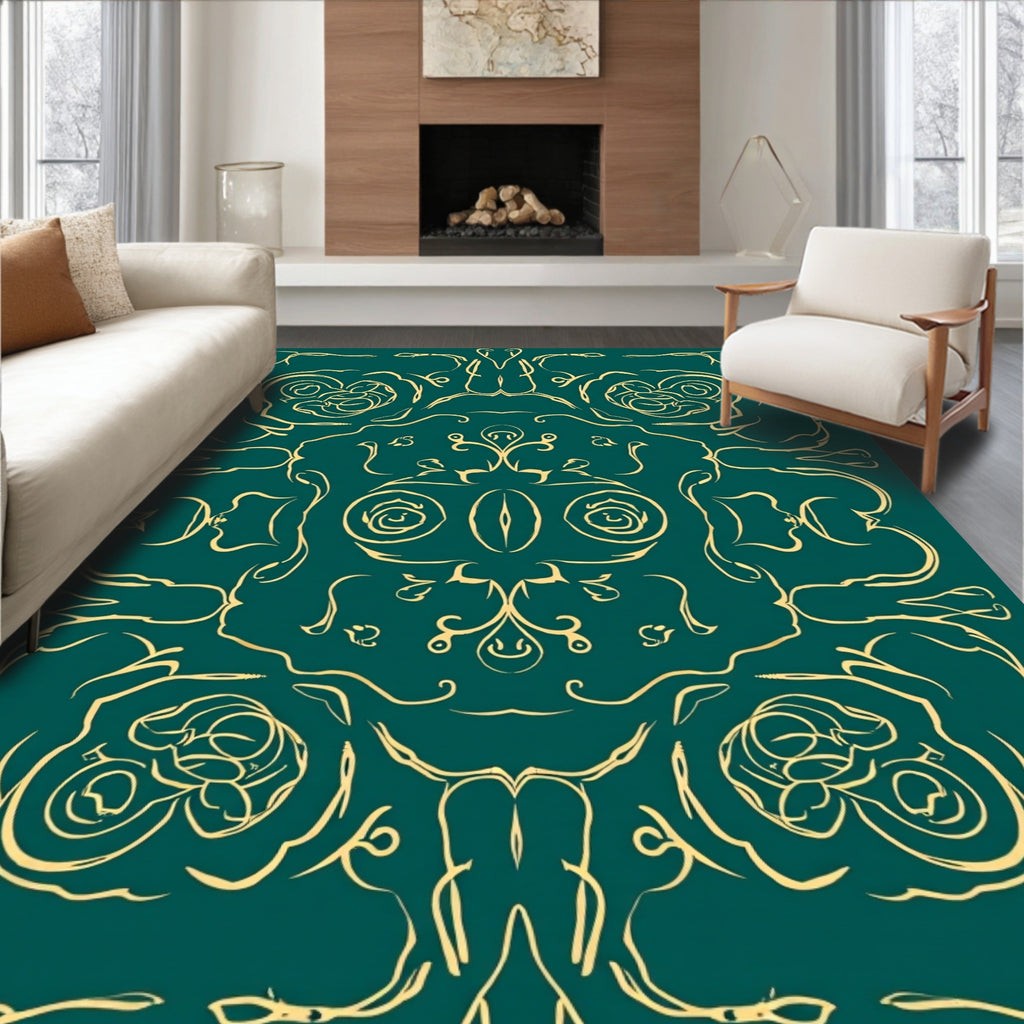 Emerald Gold Ornate Floral Swirl Rug