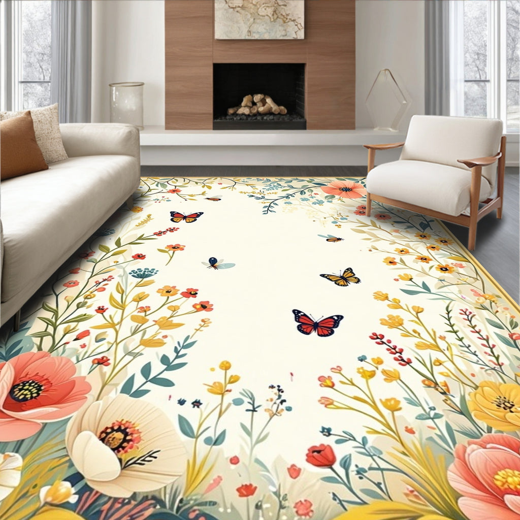 Whimsical Floral Butterfly Garden Pattern Rug