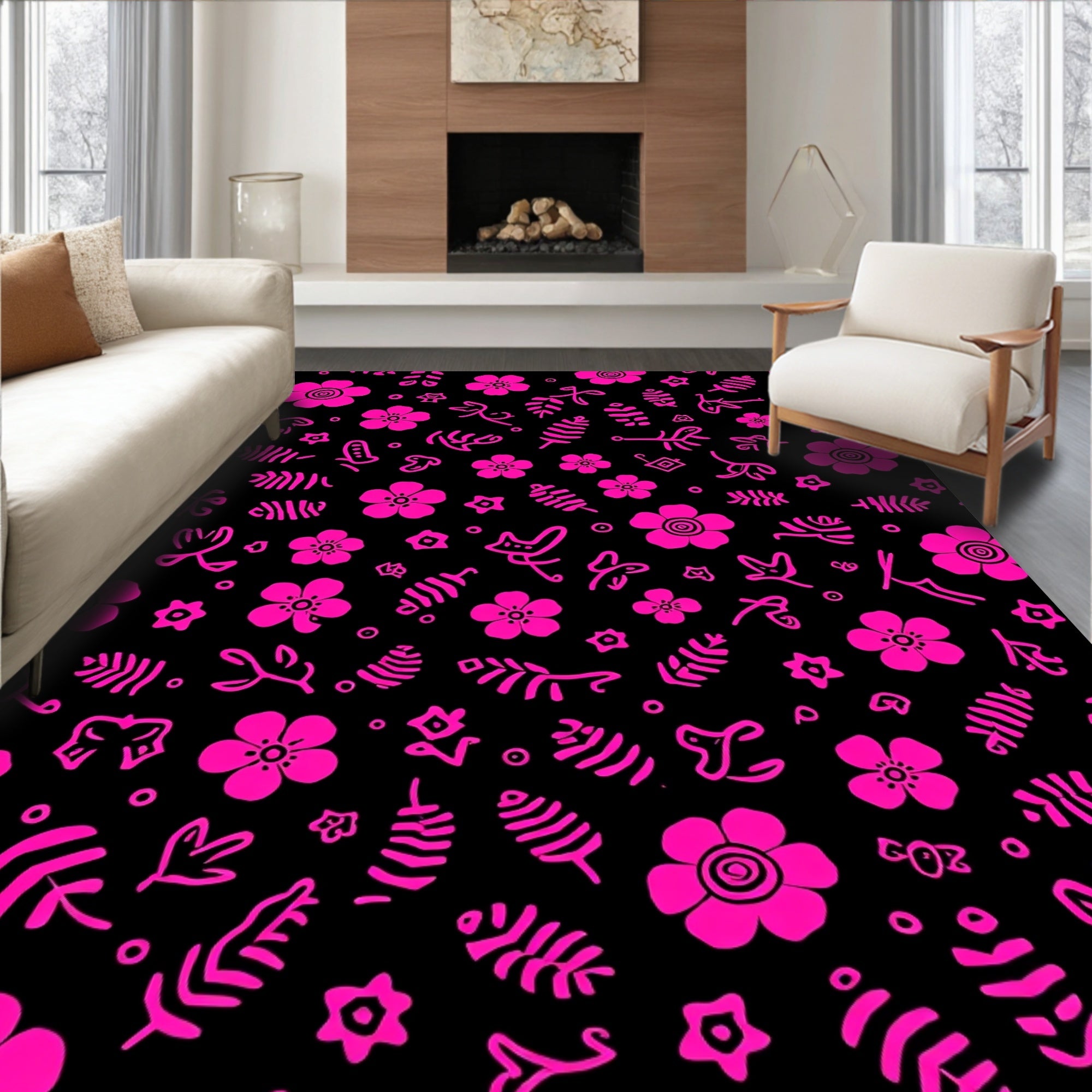Pink Floral And Leafy Whimsical Pattern Rug