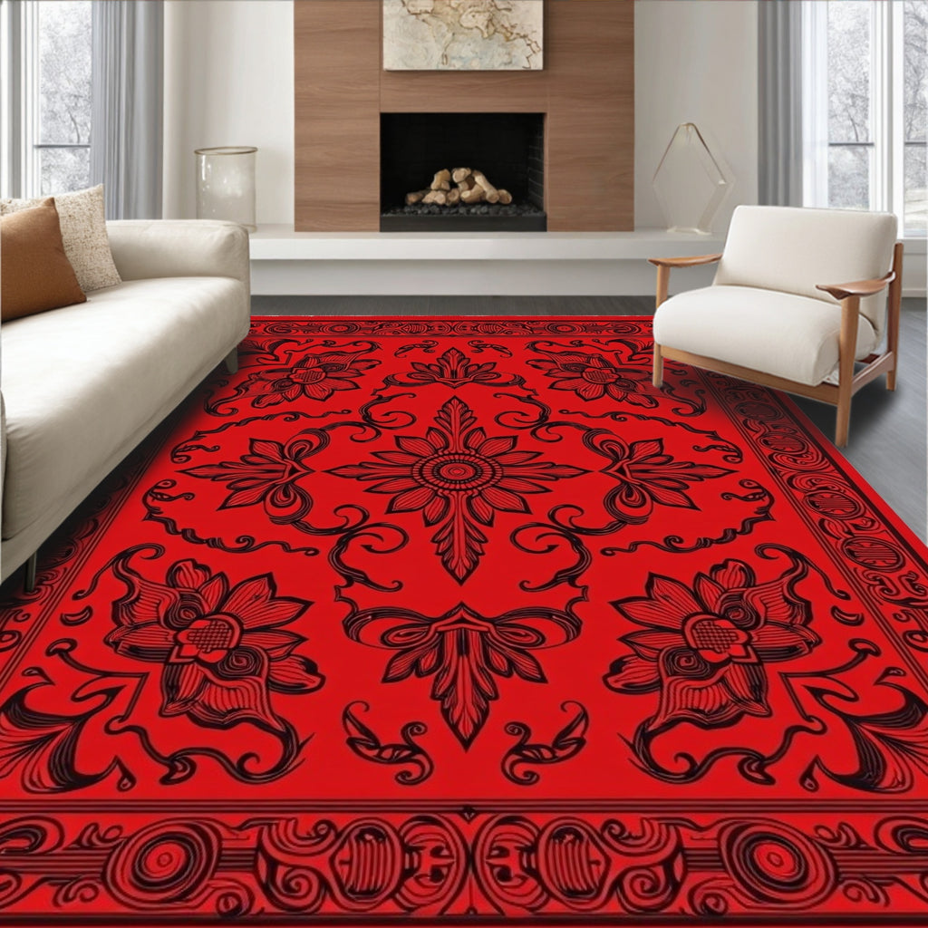 Bold Red Floral Medallion Border Rug