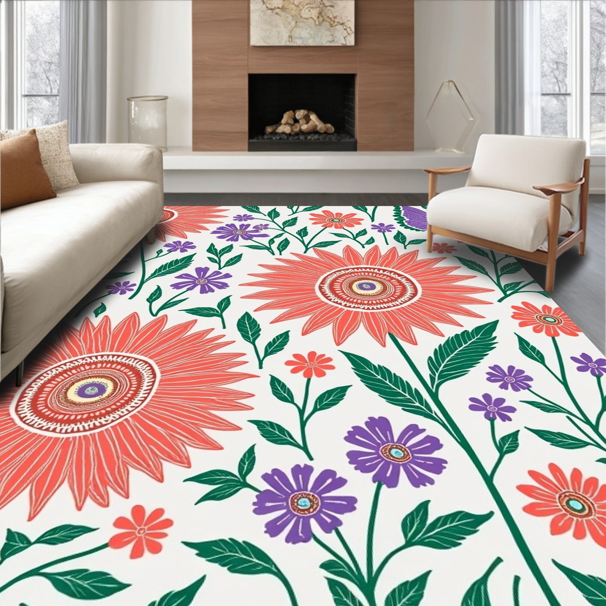 Coral Bloom Butterfly Botanical Design Rug