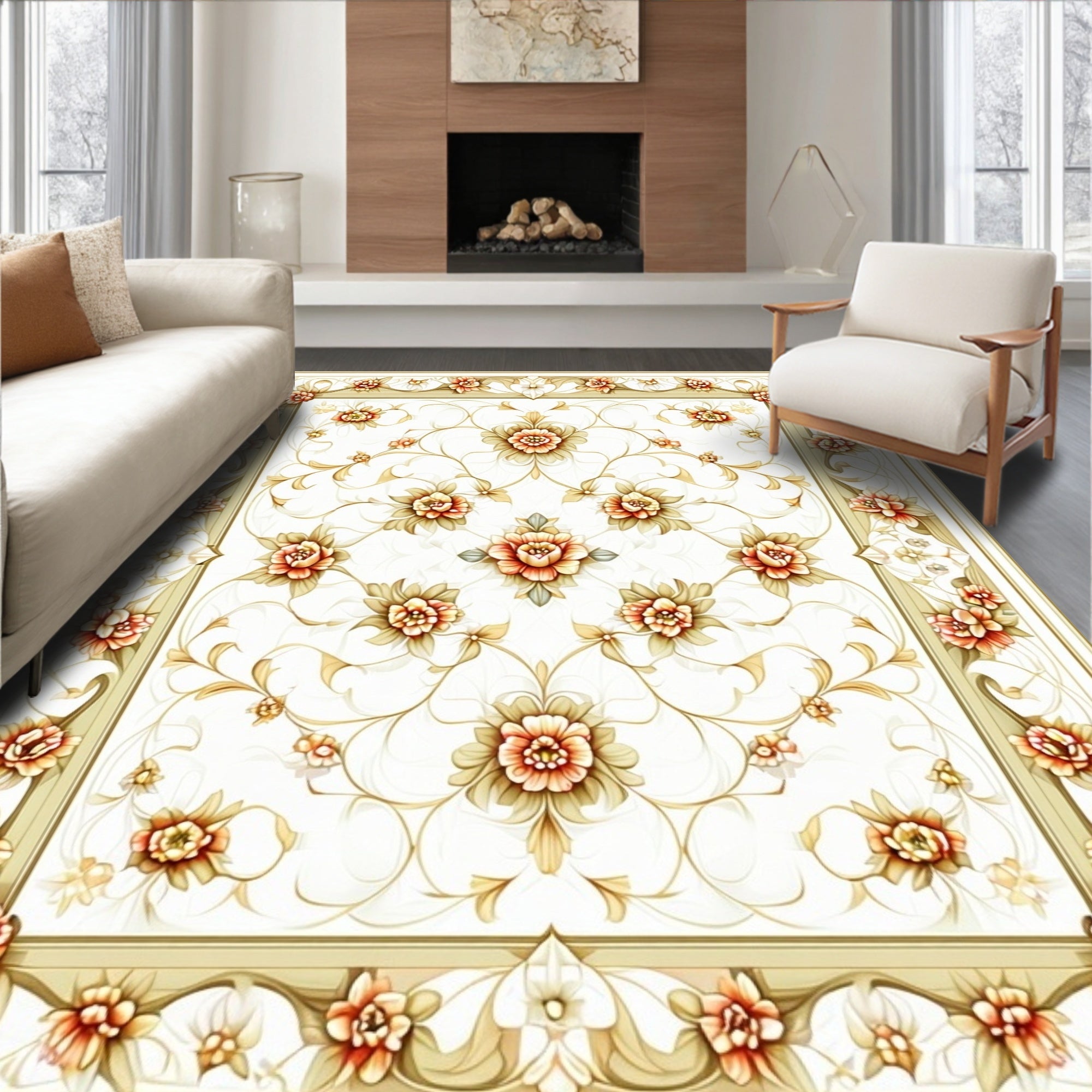 Elegant Floral Patterned Creamy Rug