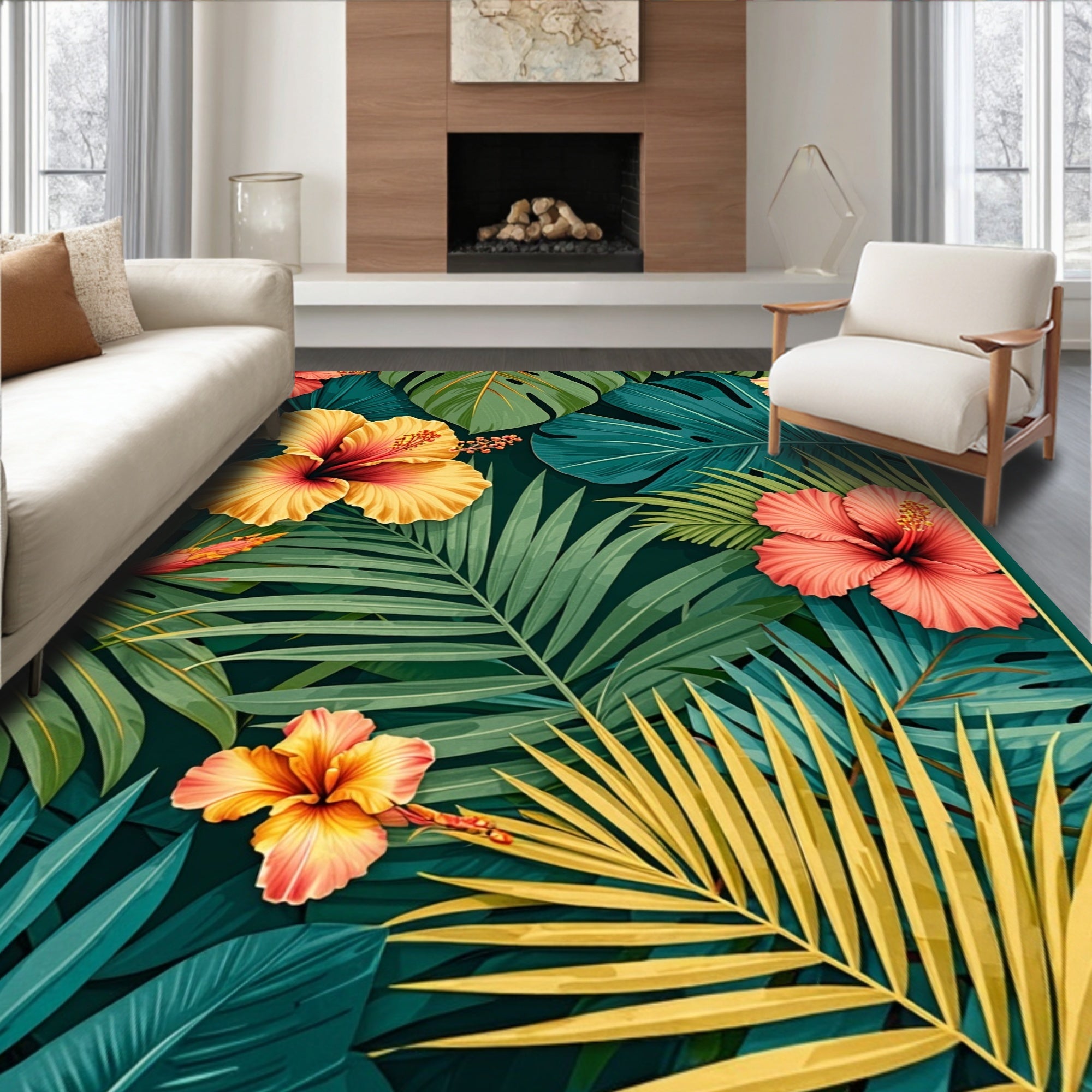 Vibrant Tropical Hibiscus Floral Pattern Rug