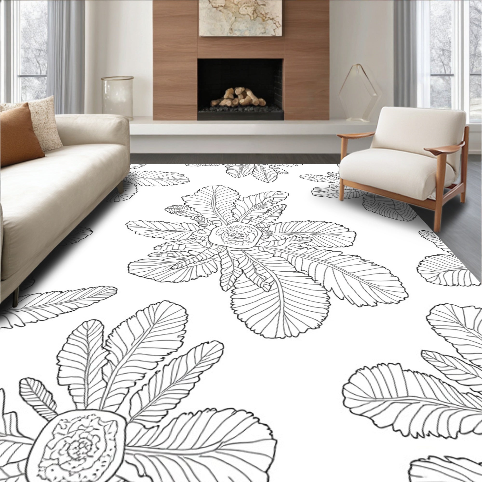 Botanical Outline Floral Pattern Rug