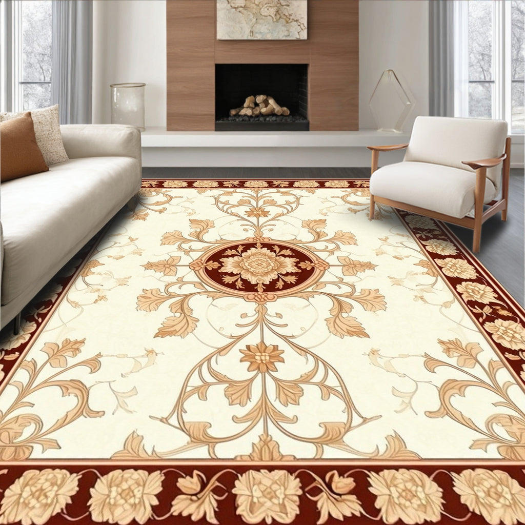 Cream Floral Vine With Maroon Border Rug