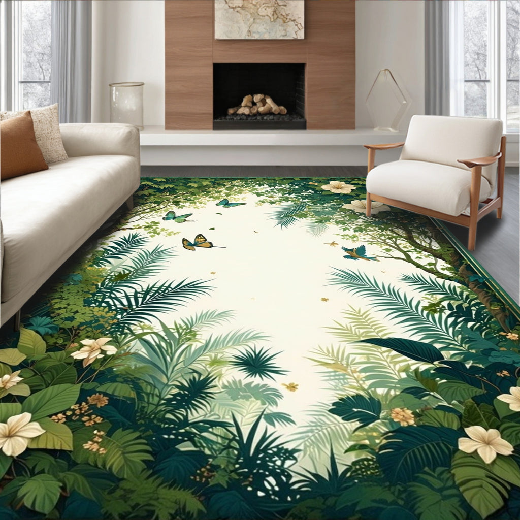 Tropical Jungle Butterfly Floral Scene Rug