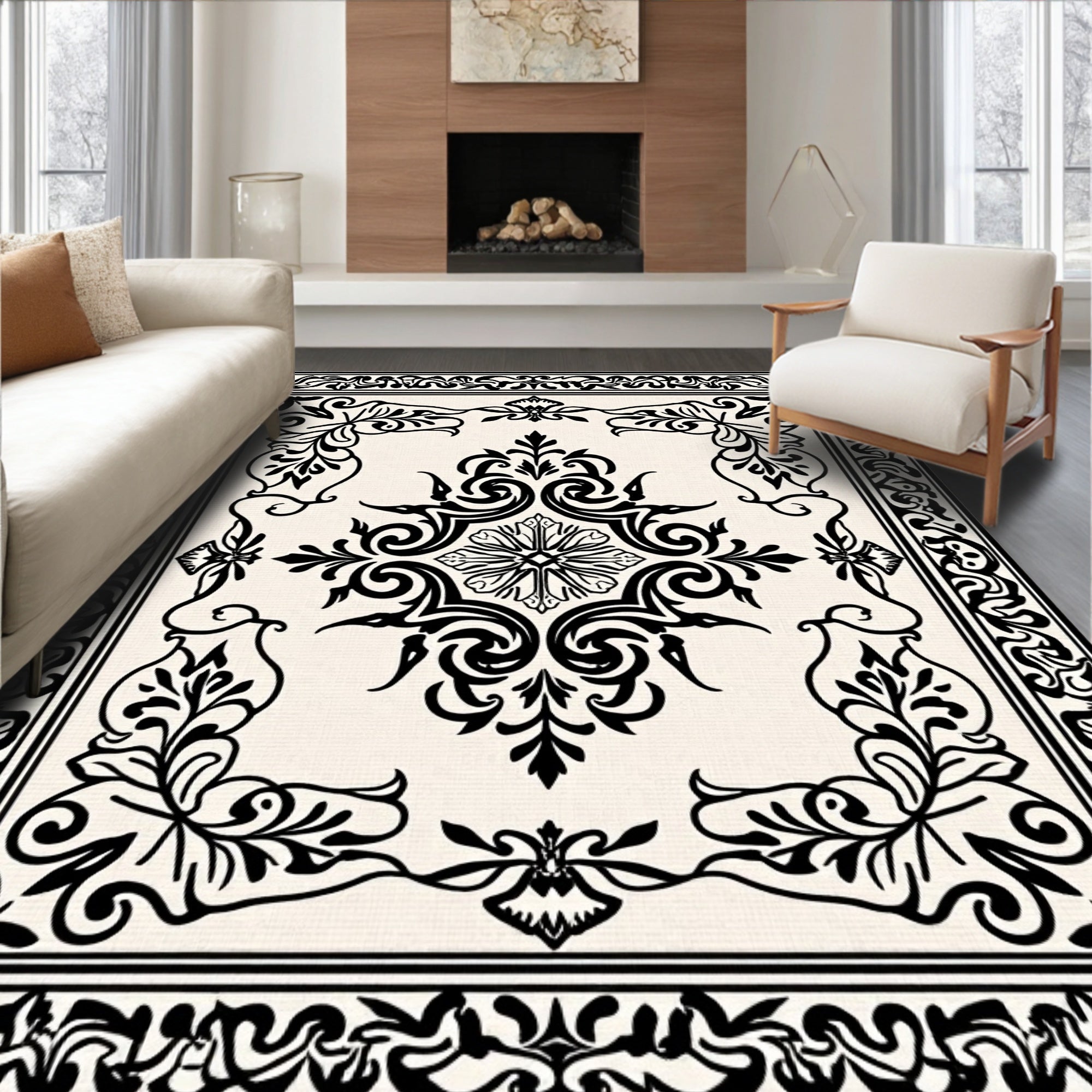 Ornate Floral Border Scroll Scrollwork Design Rug
