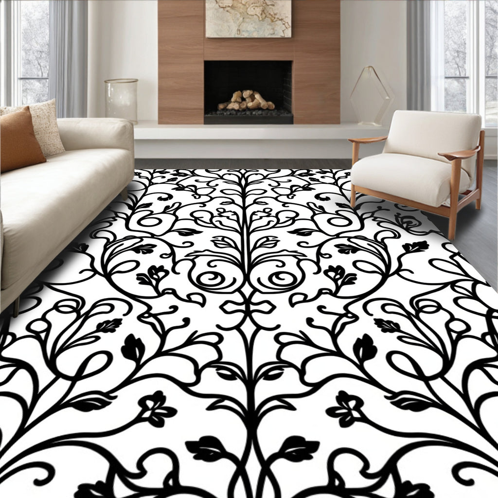 Black White Floral Scroll Vine Rug