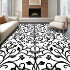 Black White Floral Scroll Vine Rug