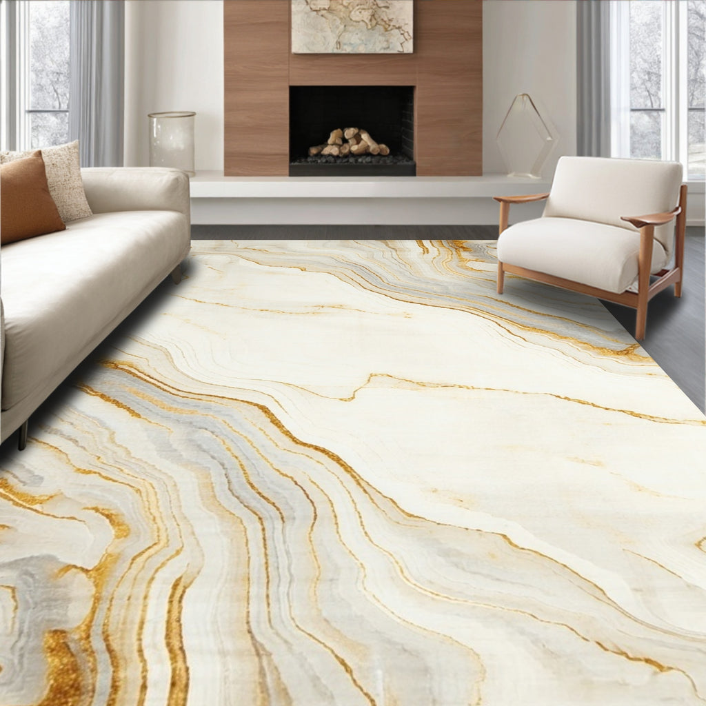 Elegant White And Gold Agate Swirl Rug