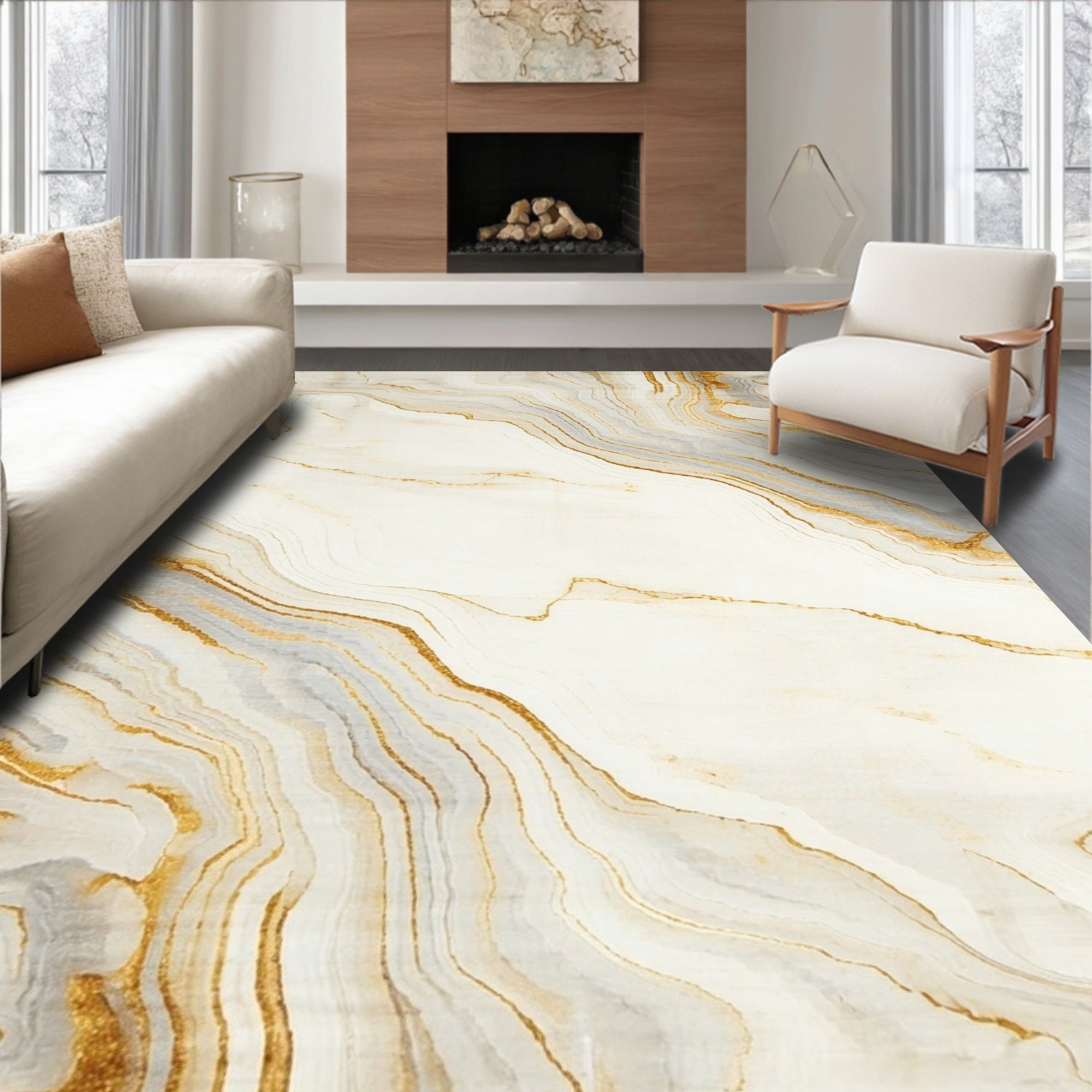 Elegant White And Gold Agate Swirl Rug