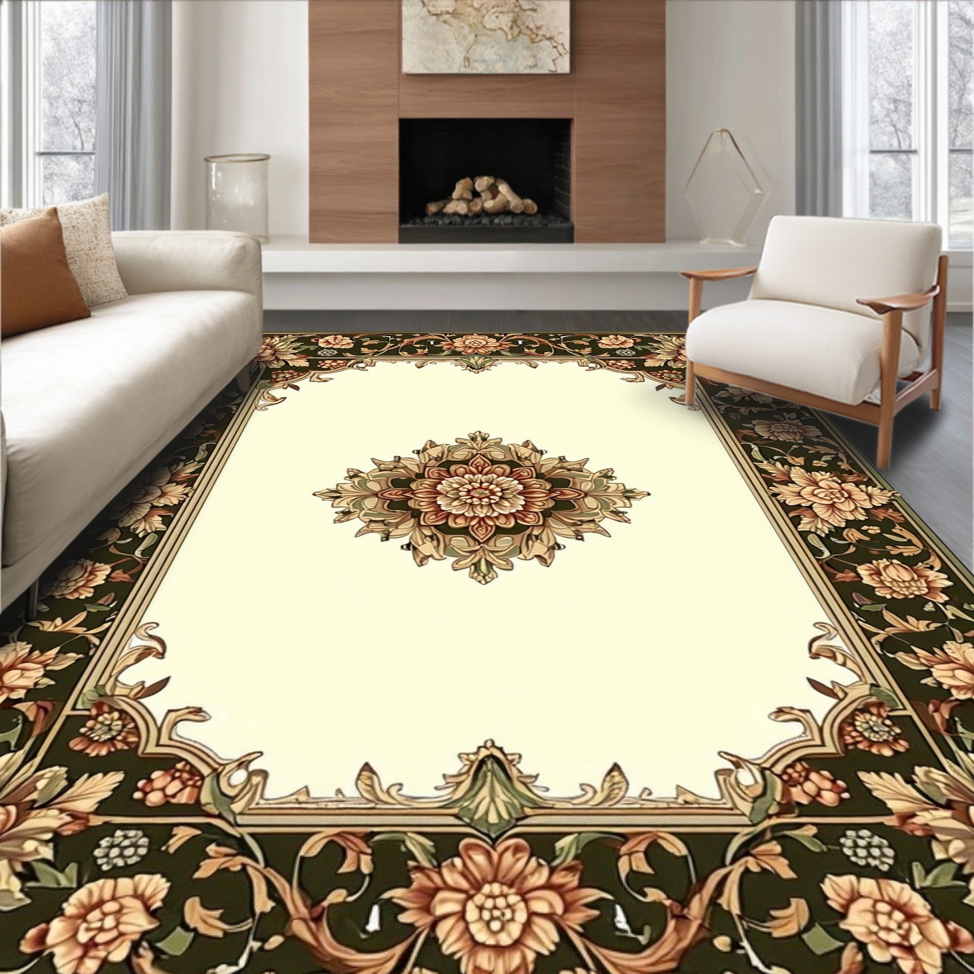 Intricate Floral Border Medallion Design Rug