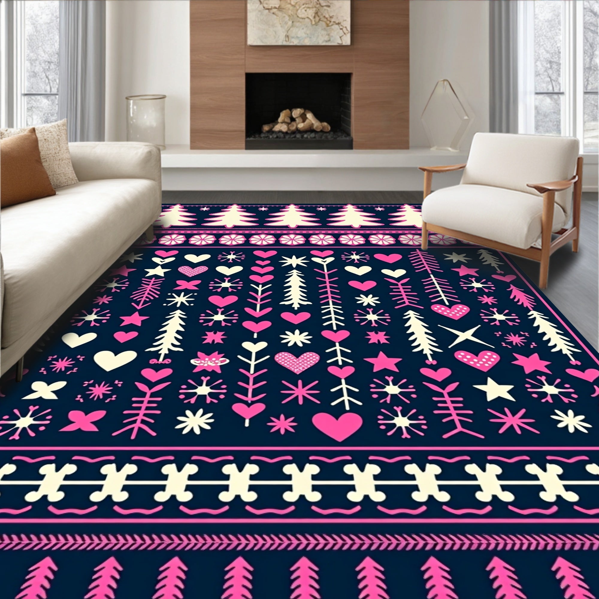 Navy Cream Pink Folk Tree Heart Rug