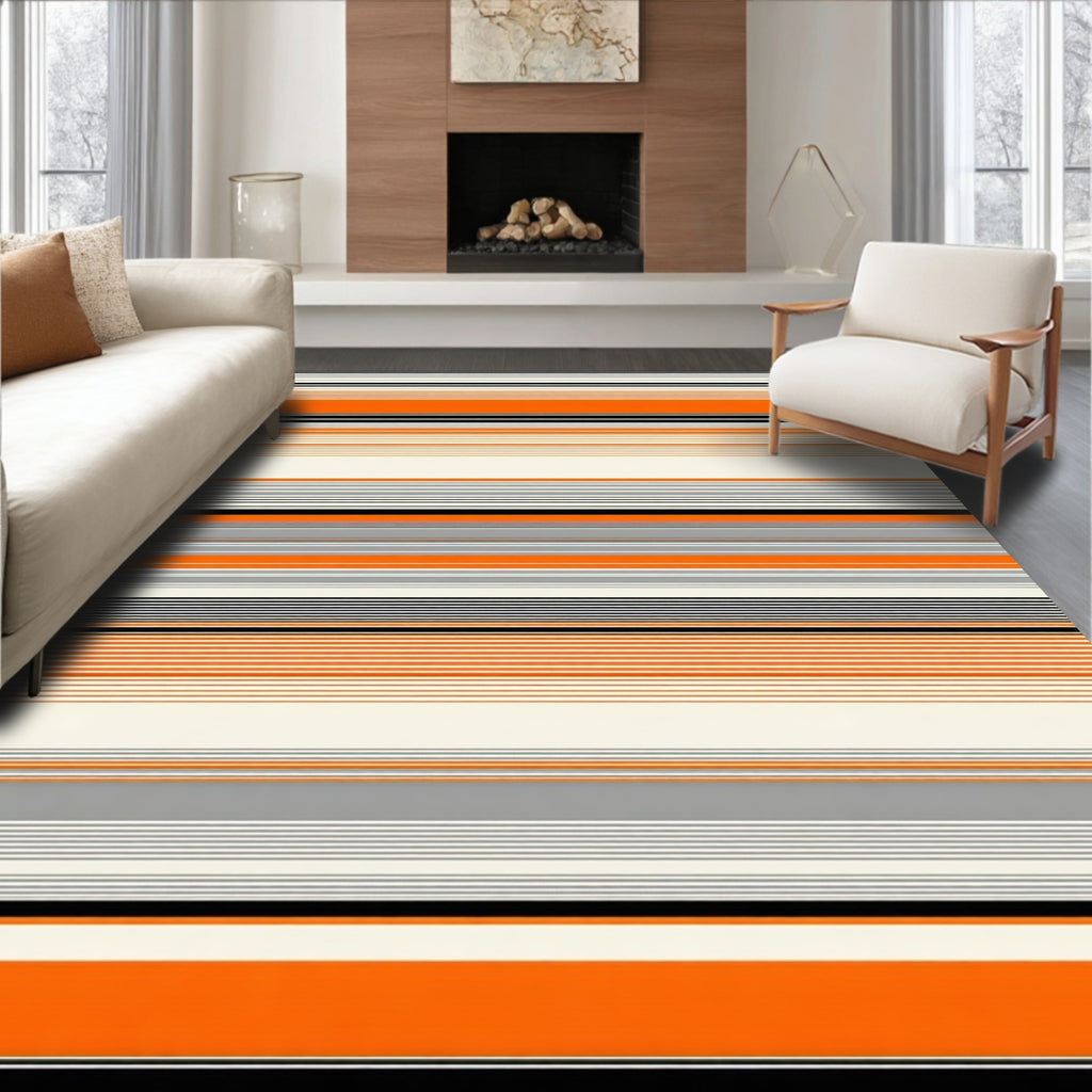Bold Orange Grey Stripe Pattern Rug