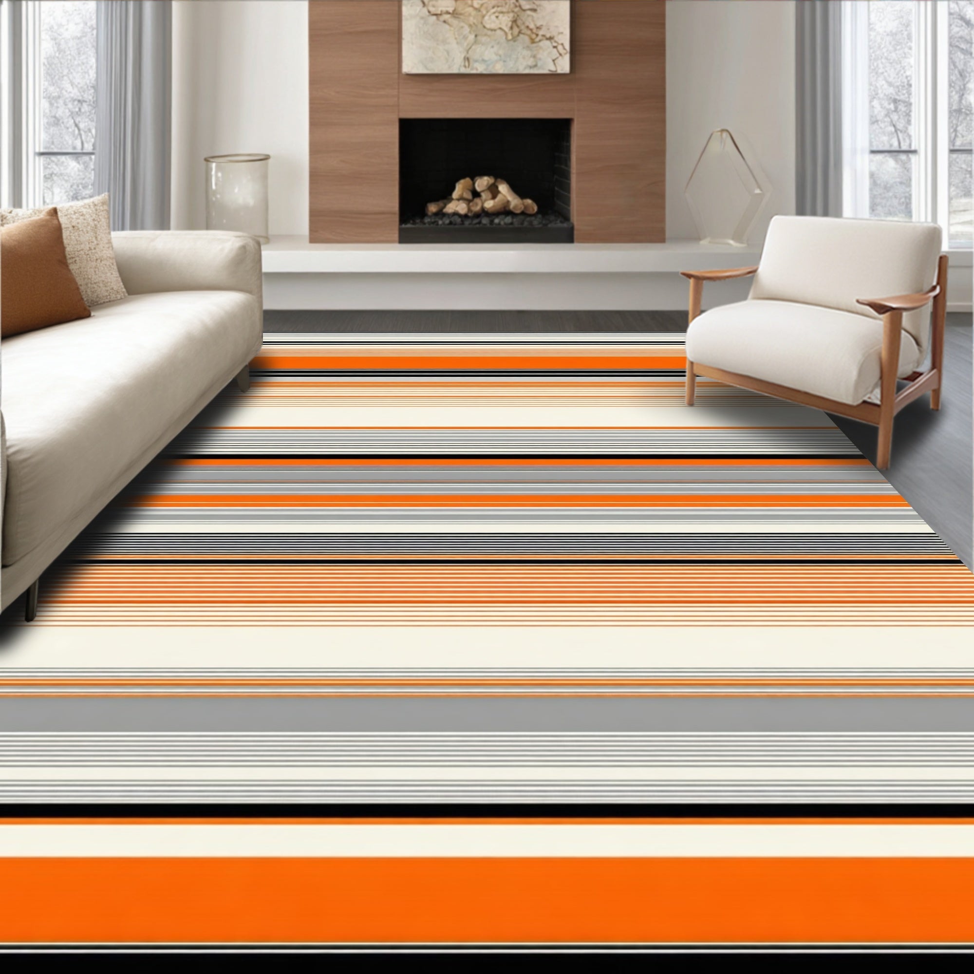 Bold Orange Grey Stripe Pattern Rug
