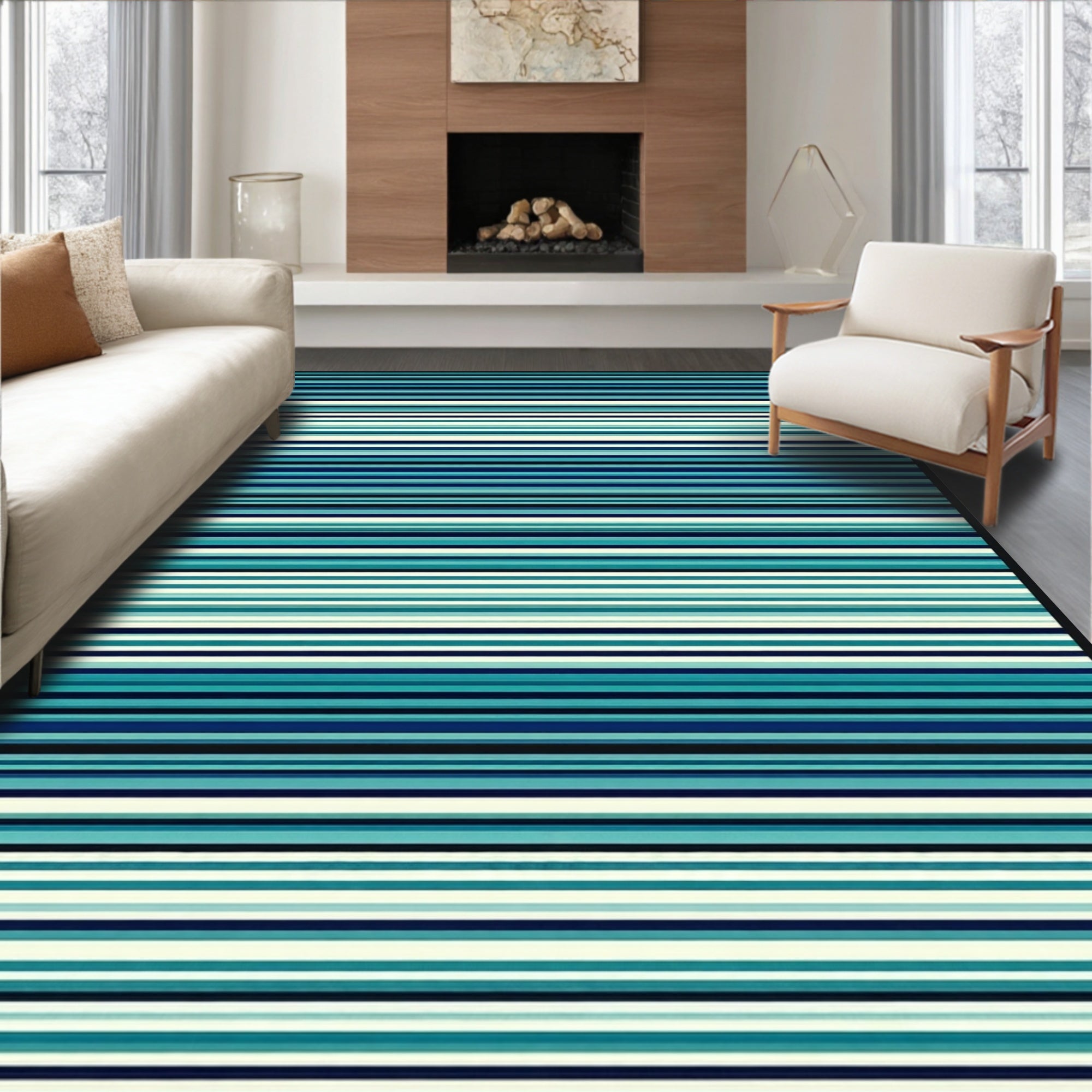 Ocean Blue Striped Modern Design Rug