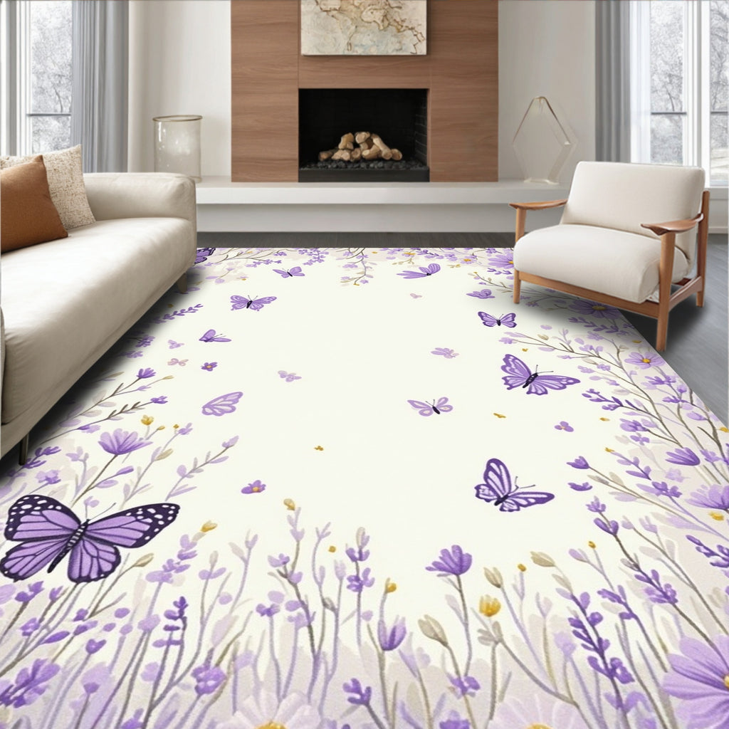 Lavender Floral Butterfly Garden Design Rug