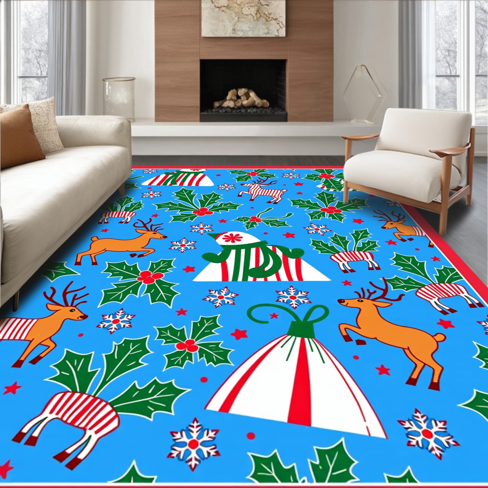 Jolly Blue Christmas Reindeer Holly Rug