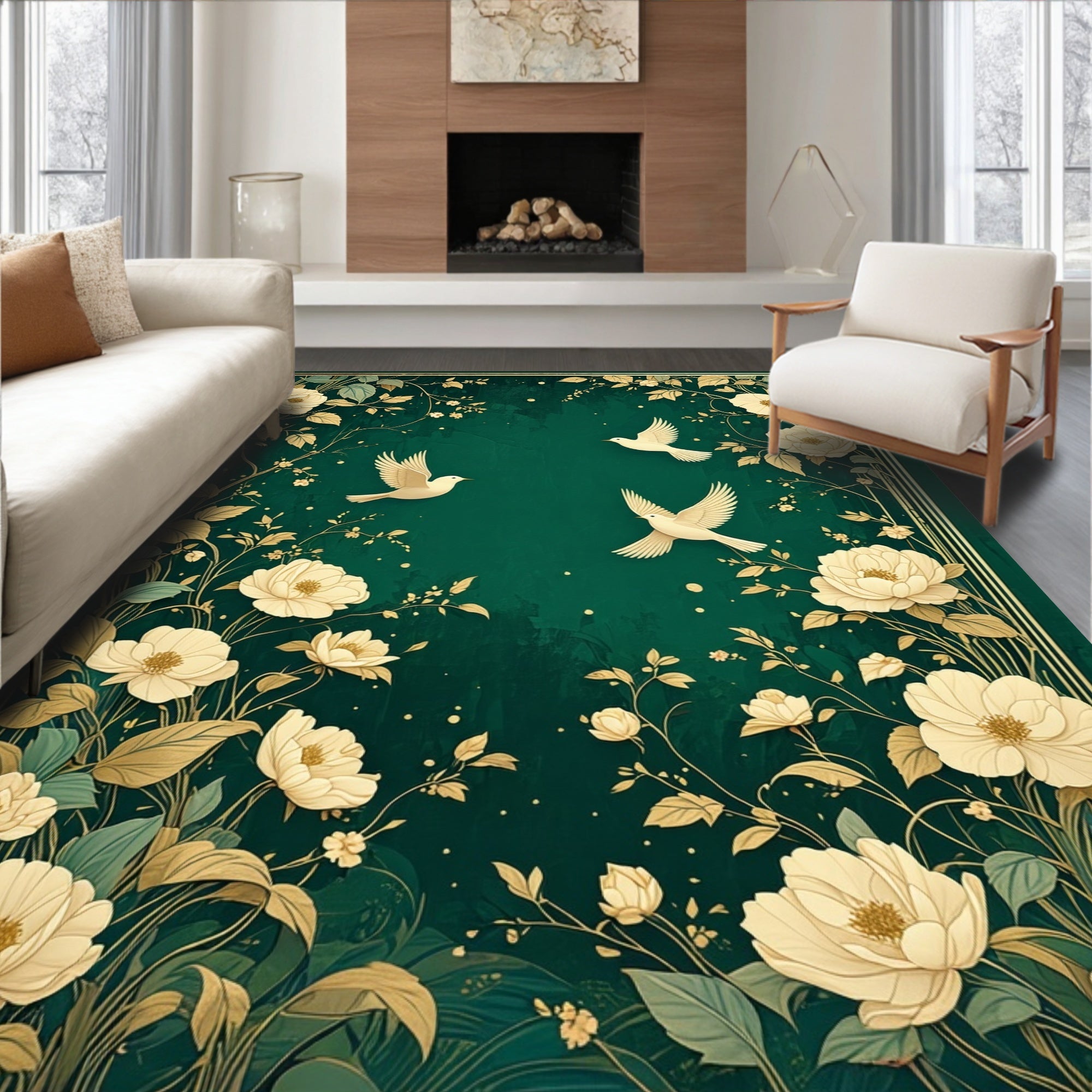 Elegant Floral Bird Garden Scene Rug