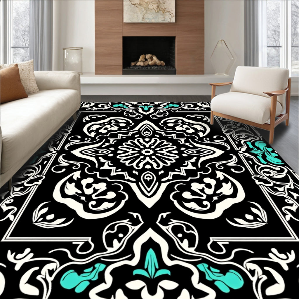 Black White Teal Bold Floral Mandala Rug
