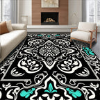 Black White Teal Bold Floral Mandala Rug
