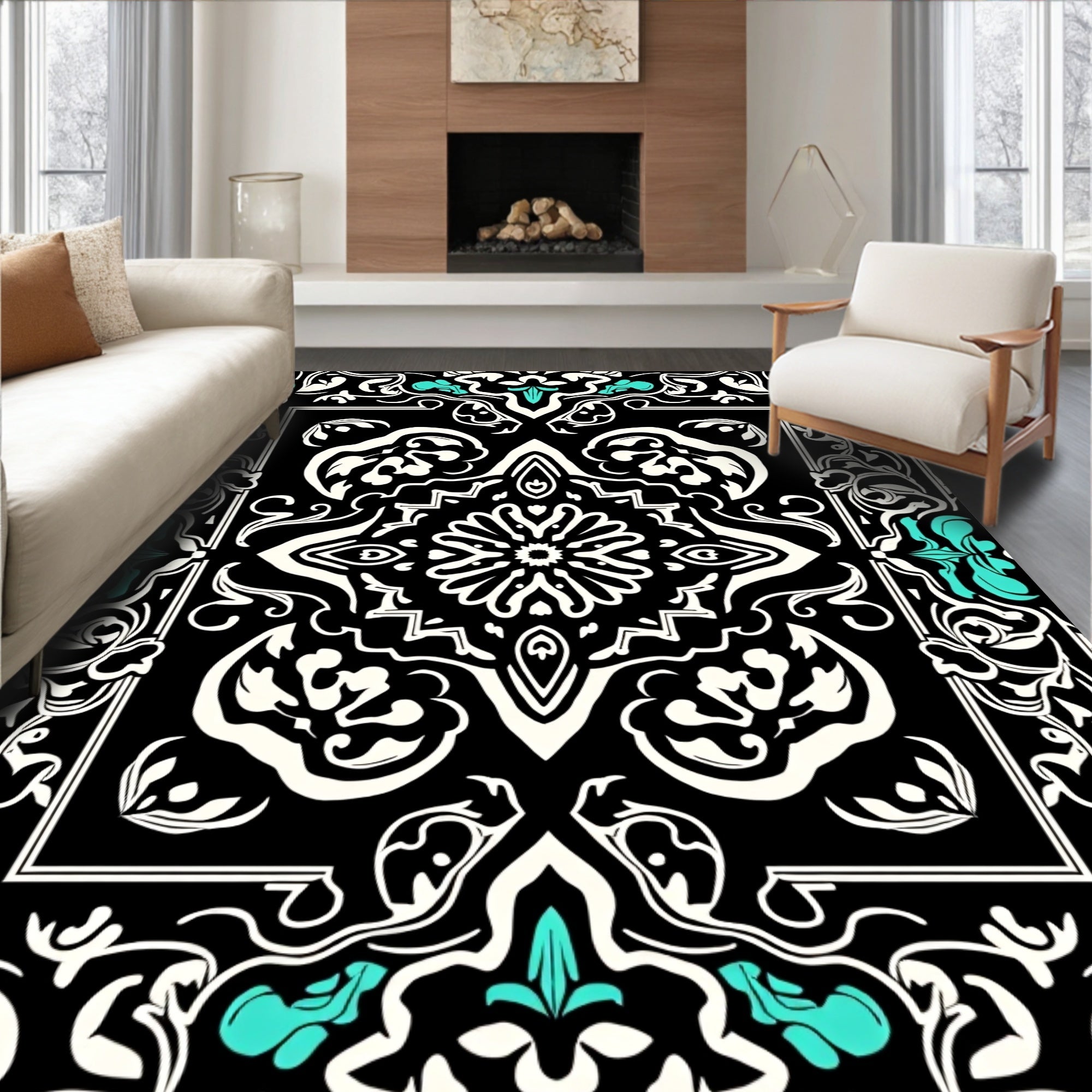 Black White Teal Bold Floral Mandala Rug