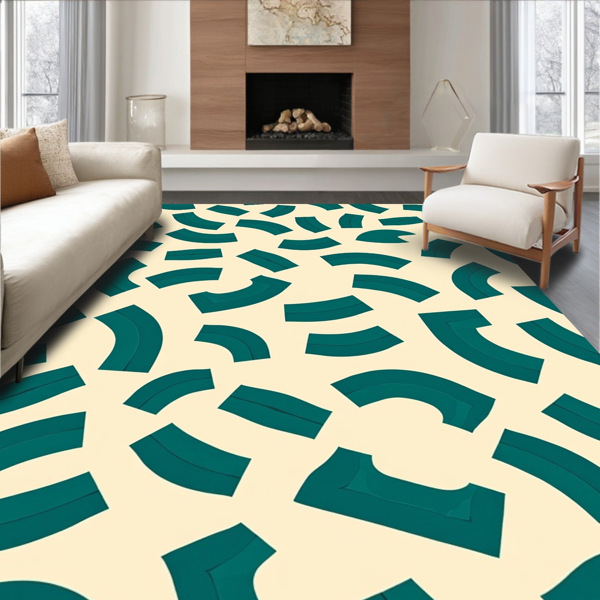 Teal Curved Segment Geometric Design Rug