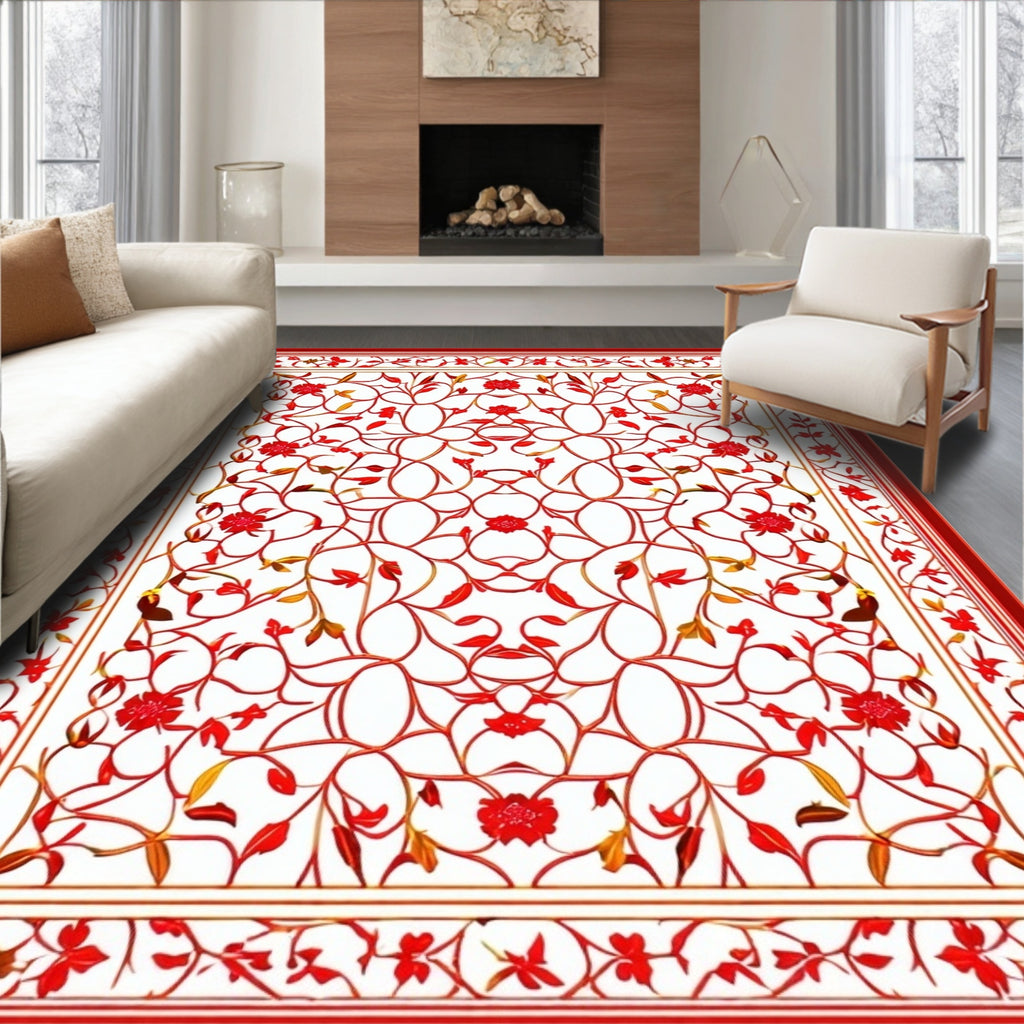 Crimson Floral Vine Symmetric Rug