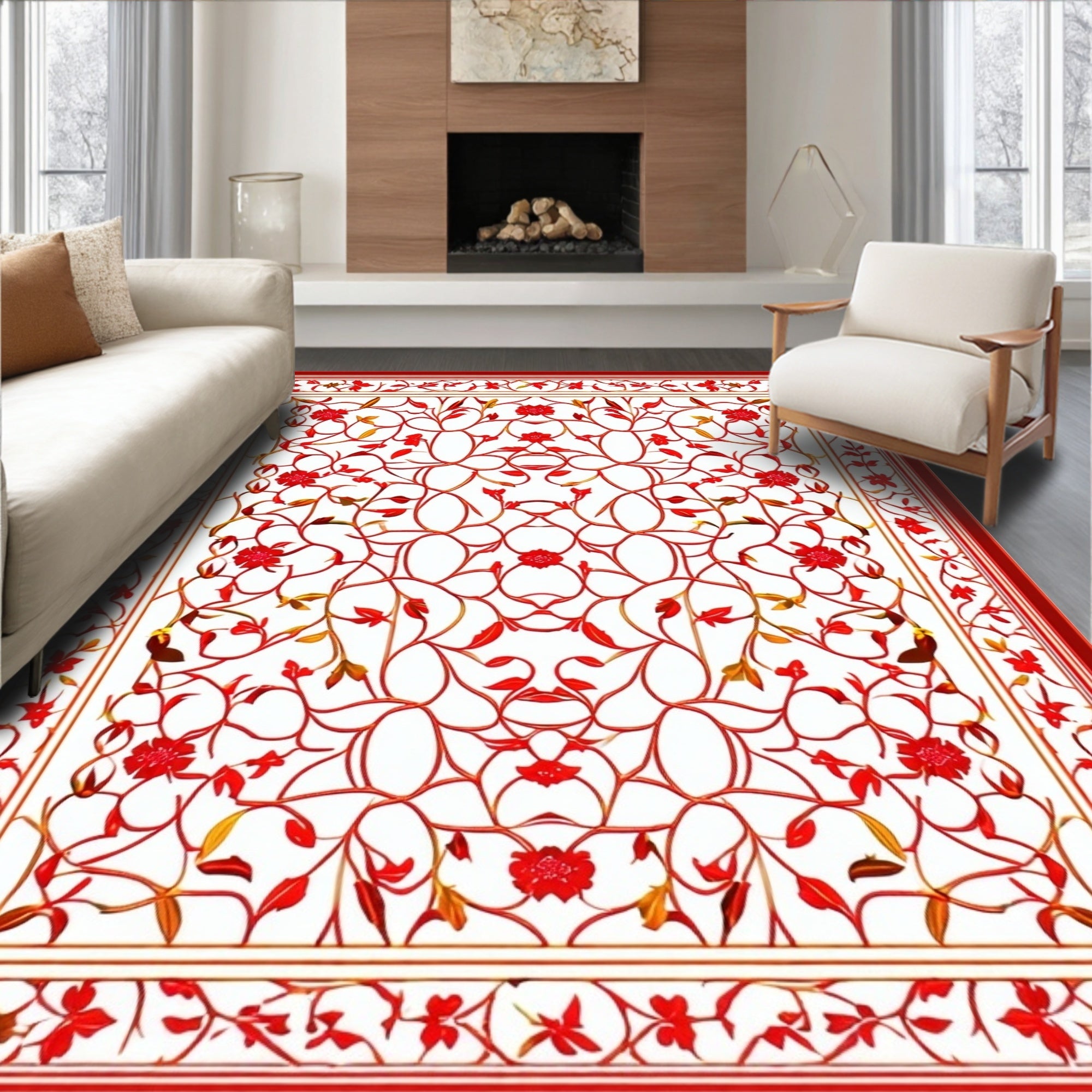 Crimson Floral Vine Symmetric Rug